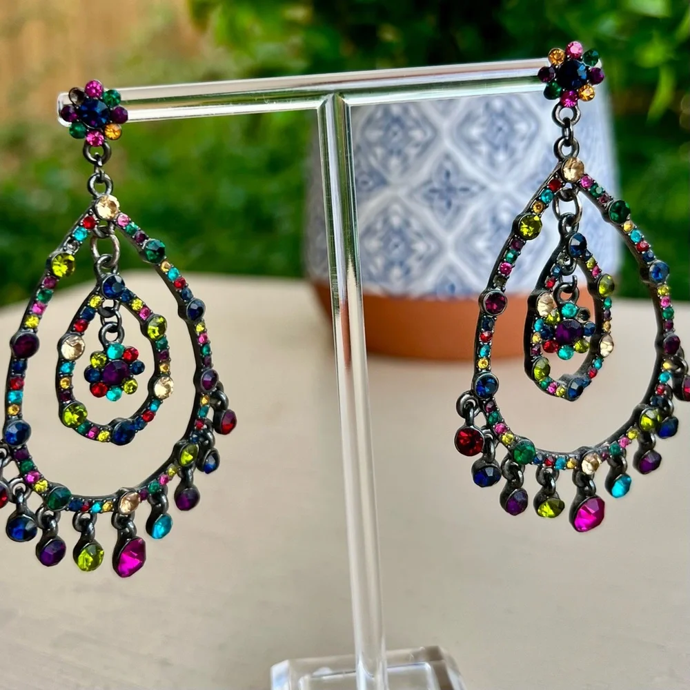 Multicolor Rhinestone Chandelier Earrings - Picture 2 of 3